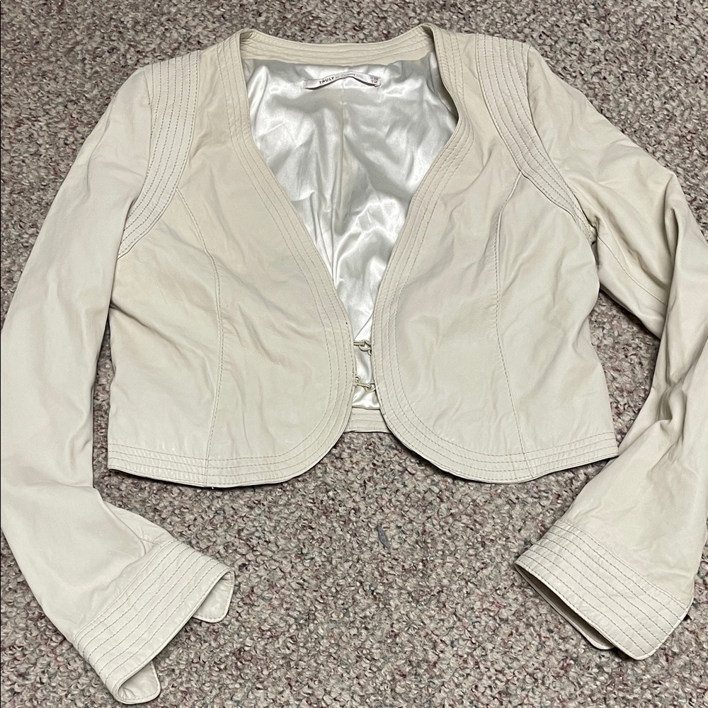 Part two leather cream cropped Women's blazer Jacket with contrast stitch
